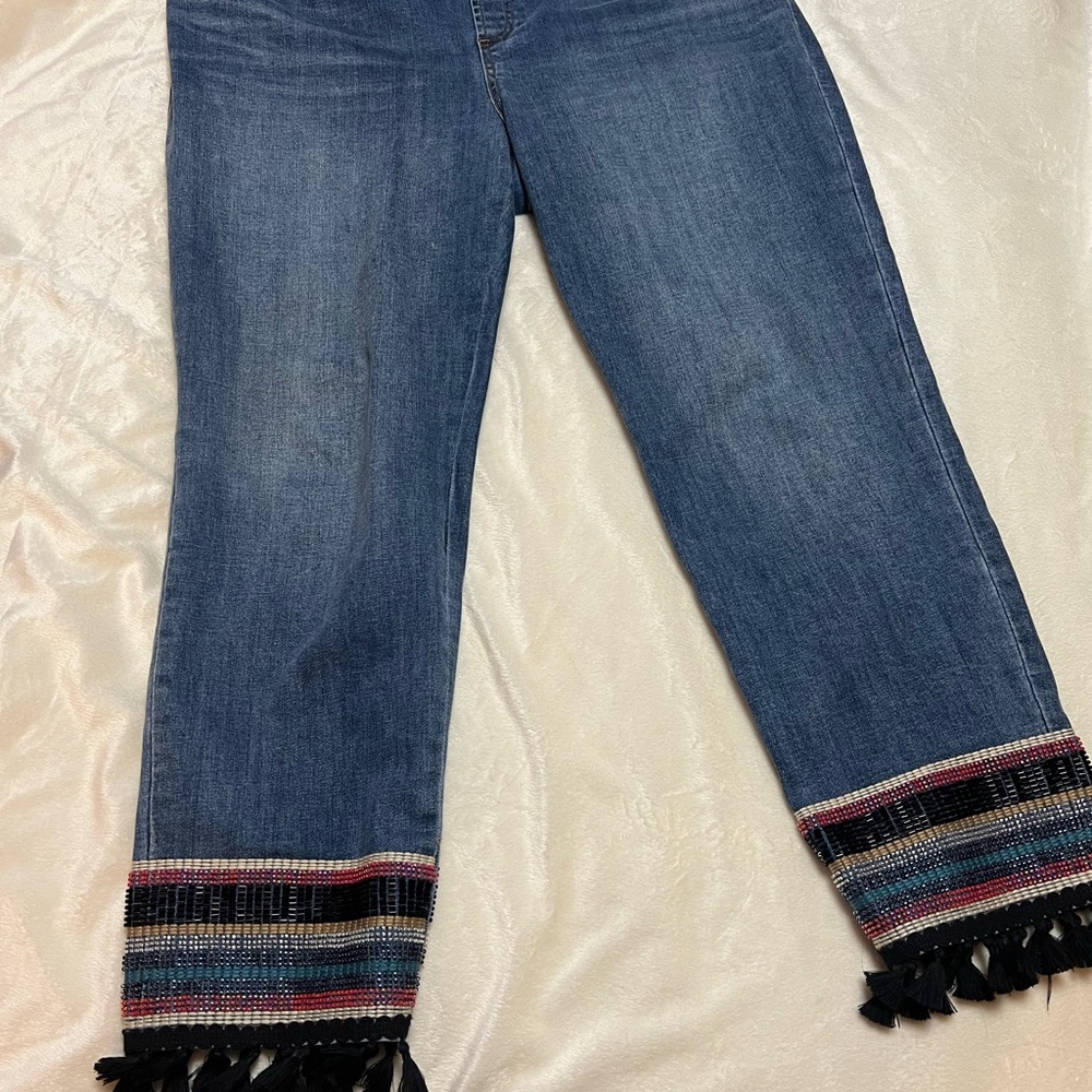 Chico's Blue Jeans with Colorful Fringe Hem